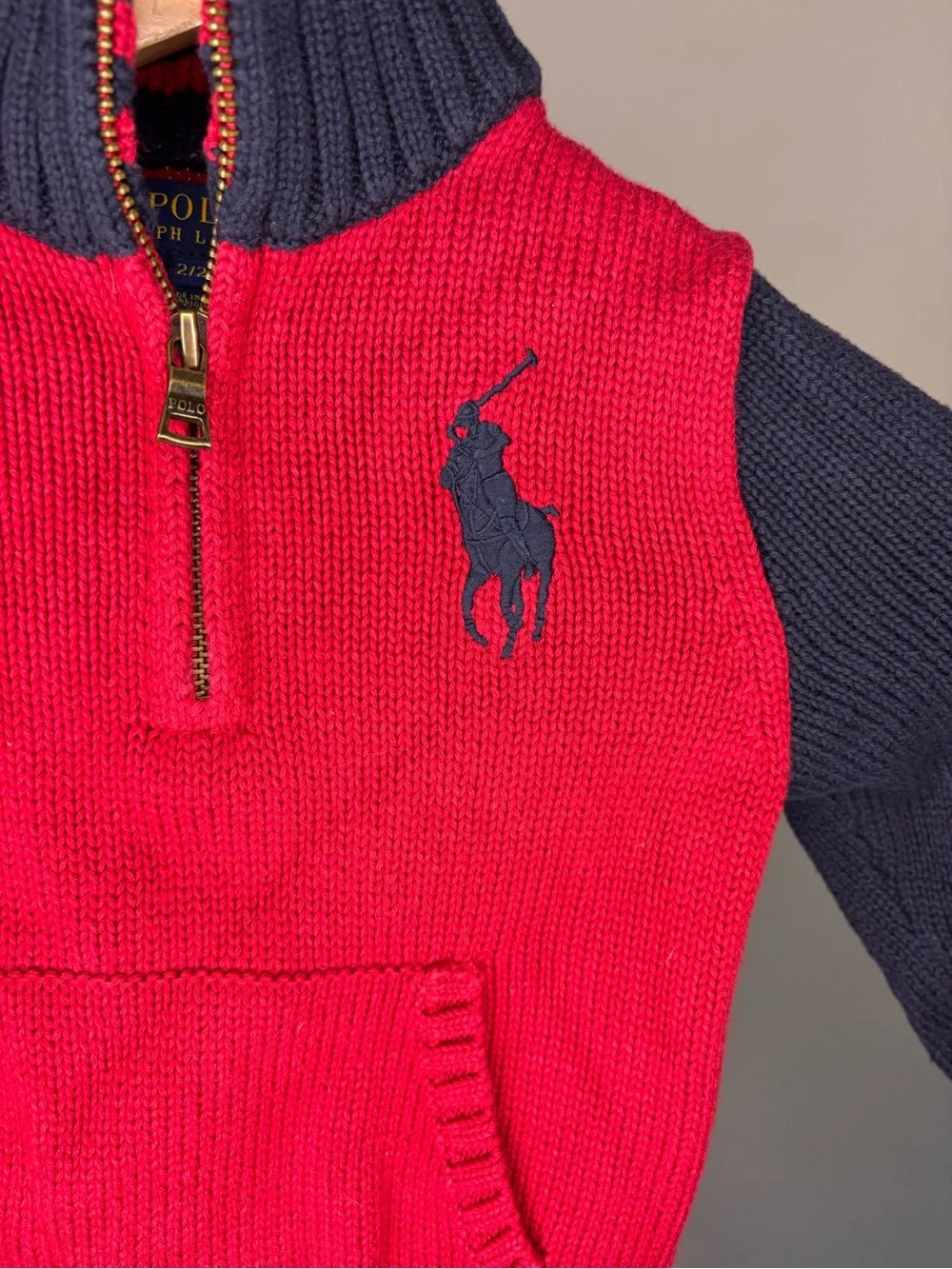 Polo Ralph Lauren Boys 2T Knit Magenta Red Navy Blue Quarter Zip Pony Sweater